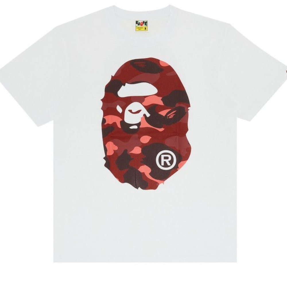Bape White Tee with Red Camouflage Ape Head